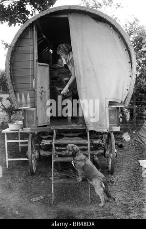 Bow top wagon caravan with traditional wooden spoke wagon wheels. Appleby in Westmorland gypsy horse fair Cumbria, England June 1981 1980s UK HOMER SYKES Stock Photo