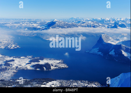 View from Pilatus mountain over Lake Lucerne, Vierwaldstaettersee, Buergenstock and Rigi mountains, Lucerne, Switzerland, Europe Stock Photo