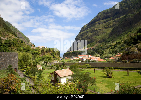 São Vicente Caves garden and view through to sea Stock Photo