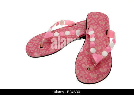 Pair of pink and white pattern flip-flops - white background with a clipping path Stock Photo