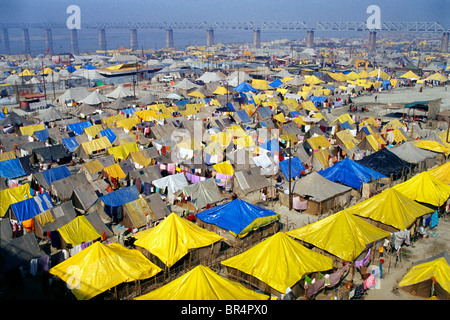 Pilgrims' tents in Kumbha Mela grounds at the Ganges bank, Allahabad, India. Stock Photo