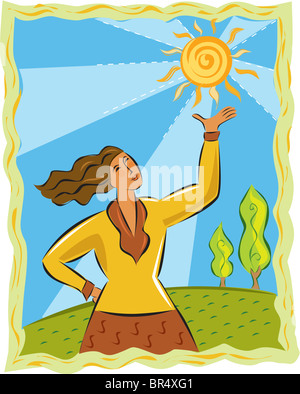 A woman holding up the sun Stock Photo