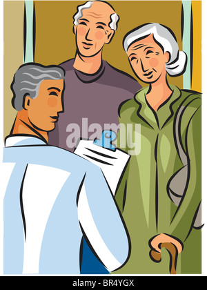 Doctor holding a clipboard and talking to an elderly couple Stock Photo