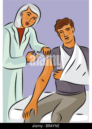 Doctor giving a needle shot to a man with a broken arm in a sling Stock Photo