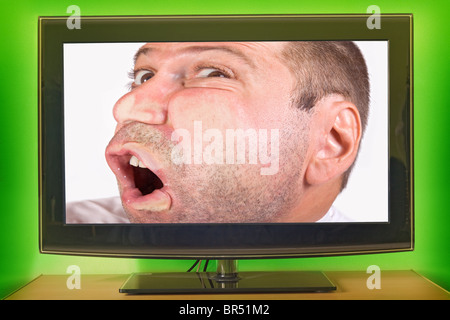 tv moderator crashed into the glass Stock Photo