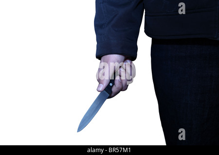 Hand of a young male holding a knife cut out on a white background Stock Photo