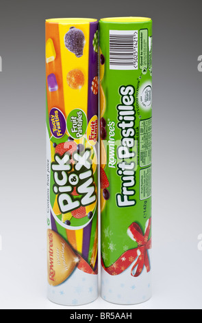 Two tall tubes of Rowntrees Pick and Mix sweets and fruit pastilles Stock Photo