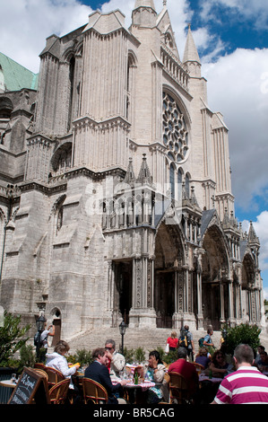 Chartres Cathedral and restaurant in front of it, France Stock Photo