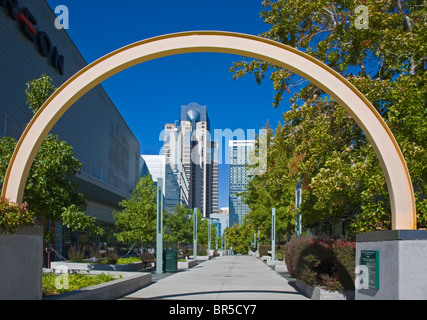 Walkway to Mariott and skyscrapers from the YERBA BUENA CENTER - SAN FRANCISCO, CALIFORNIA Stock Photo