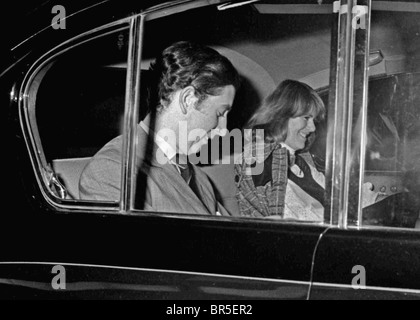 Prince Charles and Camilla Parker-Bowles leave the Royal Opera House in Covent Garden on the eve of Valentines Day 1975.From the archives of Press Portrait Service (formerly Press Portrait Bureau) Stock Photo
