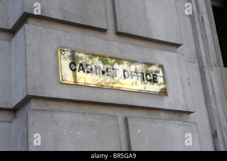The Brass Cabinet Office sign at the Cabinet Office entrance in Whitehall, Westminster, London, SW1. Stock Photo