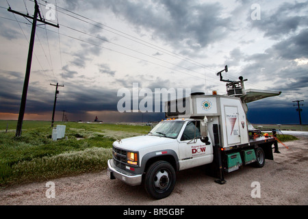 A Doppler on Wheels mobile radar truck scans a storm near Dodge City ...