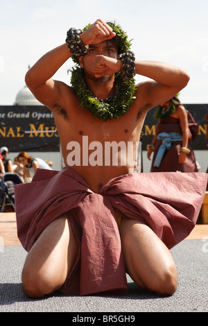 Member of the Hawaiian Halau O Kekuhi dance company performs at the First Americans Festival on the National Mall, Washington DC Stock Photo