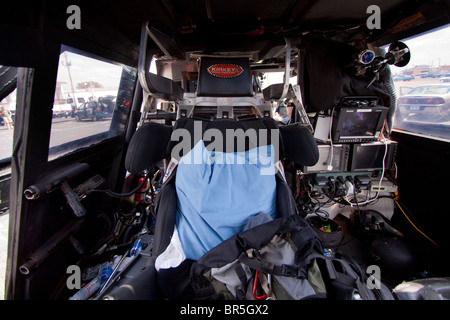 The interior cockpit of Sean Casey's 'Tornado Intercept Vehicle', an armoured truck designed to withstand the winds of a tornado Stock Photo