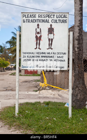 Nungwi, Tanzania, Zanzibar. Sign Asking Foreigners to Respect Local Culture. Stock Photo