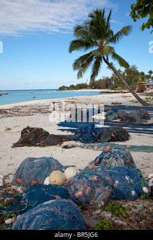 Nungwi, Zanzibar, Tanzania. Fishnets on the Beach at Nungwi. Stock Photo