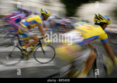 Cyclists speeding by during the Portugal Cycling Tour Stock Photo