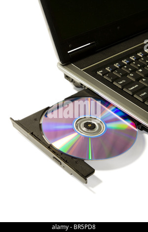 detail of a laptop with open and loaded dvd drive Stock Photo