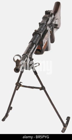 A Polish light machine gun, (B.A.R. pattern) WZ 28, calibre 7,92 x 57, serial number 45981. With its foldable bipod, light brown stock, grip scales front guard, the bluing almost vanished, pitted. historic, historical, 20th century, gun, guns, firearm, fire arm, firearms, fire arms, weapons, arms, weapon, arm, fighting device, object, objects, stills, clipping, clippings, cut out, cut-out, cut-outs, military, militaria, piece of equipment, Stock Photo