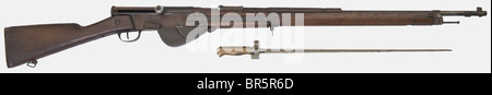 A French semi-automatic rifle M1917, calibre 8 x 50R Lebel, serial number F20909. Aluminium cocking handle, stamped 'M.A. 1917' on the barrel, repolished and reblued rifle in quite good condition, without sling. Stock stamped '1917'. Bayonet with bronze handle, the crossguard hook removed, no scabbard. Rare rifle from the end of the First World War. historic, historical, 1910s, 20th century, gun, guns, firearm, fire arm, firearms, fire arms, weapons, arms, weapon, arm, fighting device, object, objects, stills, clipping, clippings, cut out, cut-out, cut-outs, mi, Stock Photo