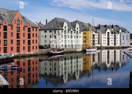 Lovely city view of houses and hotels along the waterfront at Aalesund, Norway Stock Photo