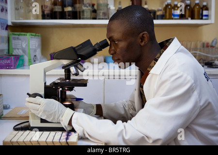 Laboratory technician looks through a microscope, searching through samples of blood for Malaria. Afrikids Medical Centre, Ghana Stock Photo