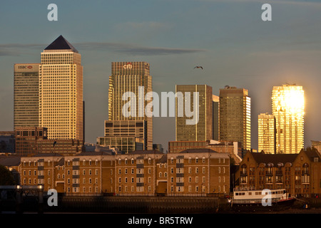 A view from across the River Thames towards, Canary Wharf and the Isle of Dogs. Stock Photo
