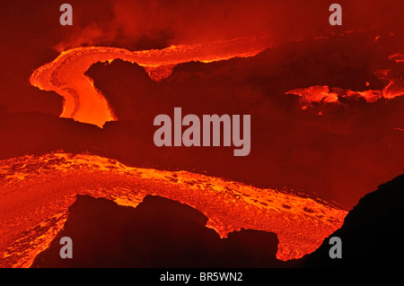 River of molten lava flowing to the sea, Kilauea Volcano, Hawaii Islands, United States Stock Photo