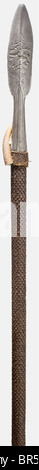 A cut German hunting spear, 17th/18th century Heavy ridged blade with a boar or bear hunt cut in relief on each side. Tapered octagonal socket with a smith mark on one side and fluted decoration. Replacement staghorn toggle fastened with lashing. Wooden pole covered almost entirely with scale-shaped carvings. Length 185 cm. historic, historical,, 18th century, 17th century, pole weapon, weapons, arms, weapon, arm, fighting device, military, militaria, object, objects, stills, clipping, clippings, cut out, cut-out, cut-outs, metal, Stock Photo