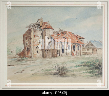 Adolf Hitler, a watercolour of a church ruin in Flanders Pencil and watercolours on paper, signed and dated 'A. Hitler 1917' on the lower right. Under glass, mounted and framed. Size of the painting 17 x 21 cm, framed 33.5 x 37.5 cm. In terms of content, this watercolour belongs to Hitler's works from the front. It was painted during the First World War and was published by Heinrich Hoffmann in a special volume in April 1936. The file included a similar pencil drawing bearing the date 27th June 1917 and depicting the church of Ardoye about 30 km south of Bruges, Stock Photo