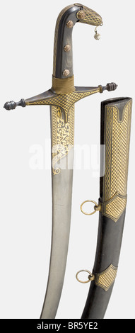 A gold-inlaid Syrian shamshir, 18th/20th centuries Heavy, single-edged blade (18th century) of wootz-Damascus with floral gold inlays on both sides at the base of the blade. Iron quillons and grip frame with geometric gold inlays. Riveted horn grip scales. Leather-covered wooden scabbard with iron mountings inlaid en suite in gold and two brass suspension rings. Length 100 cm. historic, historical, 19th century, 18th century, Ottoman Empire, thrusting, thrustings, blade, blades, melee weapon, melee weapons, hand weapon, hand weapons, handheld, weapon, arms, wea, Stock Photo