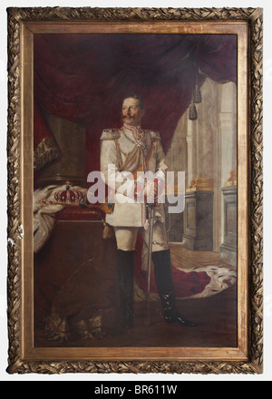 Ludwig Noster (1859 - 1910), a portrait of Kaiser Wilhelm II Oil on canvas, restored, signed and dated on the lower right '1907. L. Noster'. The Emperor in the uniform of the Colonel-in-Chief of the Heavy Cavalry Regiment 'Gardes du Corps', his hands folded over his sword. Clearly visible around his neck the silver chain of the Grand Commander of the Order of the Royal House of Hohenzollern and the protector decoration of the Order of St. John, his sash adorned by the Jewel of the High Order of the Black Eagle. Next to him a table covered with a brocade plaid a, Stock Photo