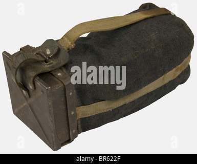 A group of German Army equipment, comprising a feldgrau painted wood case for 500 flare pistol cartridges with white paint marking and tab with an exploding bomb (shock care!), two black leather magazine pouches with 3 compartments each, one made in 1939, the other in 1940, a group of different mostly complete Garand and Mauser original slings, a machine gun shell bag used in aircrafts made of thick blue canvas (Luftwaffe) with metallic cover, artificial leather bottom and black leather strap, two steel 75-shot magazines for MG 34. The two magazine pouches with, Stock Photo