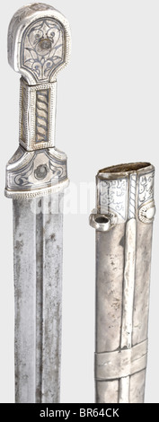 A silver-mounted Caucasian kinjal, circa 1900. Double-edged blade with different fullers on each side and a smith mark on one side. Niello-decorated silver grip trimmed with filigree on the obverse side, and with two different decorative rivets. An all-silver scabbard worked en suite with a repair on the reverse side and a nielloed maker's inscription on the locket. Length 49 cm. historic, historical, 1900s, 20th century, 19th century, Ottoman Empire, thrusting, thrustings, hand weapon, hand weapons, melee weapon, melee weapons, handheld, blade, blades, weapon,, Stock Photo