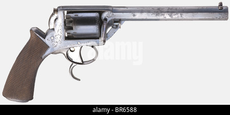 'William Tranter's Patent Double-Trigger and Savety Revolver', in its case, 3rd model circa 1860, cal..442 cal. (54 bore), no. 1744. Matching numbers. Very good 5-groove rifled bore, octagonal barrel, length 6 3/4'. Smooth 5-shot cylinder. Dealer's address on frame bridge 'Fni P. Francis Marquis / 4 Bd des Italiens, Paris'. At bullet starter and double trigger oval marking 'Tranter's Patent', on front of frame stamped '54 Bore', on the right marked 'Adams Patent No. 20321'. Approx. 70 % of original high gloss finish, almost complete on cylinder. Light border an, Stock Photo