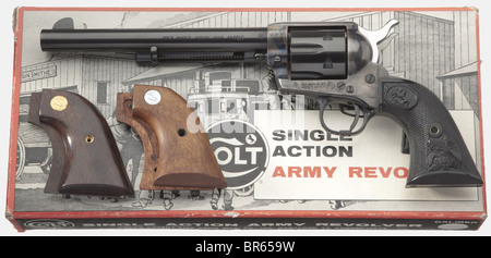 A Colt model 1873 Single Action Army Revolver in its box, in cal..45 Colt, serial no. 61158SA. Mirror-like bore. Barrel length 7 1/2'. 6-shot. Manufactured and proofed in 1971. Barrel bears the standard inscription, with the patent data on the frame. Complete original bluing. Frame colour case hardened. Hammer polished white on the sides. Black plastic grips with a rampant colt and the American eagle. In the original box, cover slightly damaged, with the owner's manual, guarantee card, cleaning rod, and one pair each of light and dark matching walnut grips with, Stock Photo