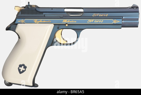 A SIG mod. JP 210, commemorative pistol '700 Jahre Eidgenossenschaft' in its case, cal. 9 mm Parabellum, no. 0295. Matching numbers. Mirror-like bore, barrel length 120 mm. Slide and grip frame in dark, high gloss finish. Both sides with gold engraving: Left slide side with '1291' - Swiss arms - '1991', on top in front of sight: initials 'CH'. Right slide side: 'Confoederatio Helvetica No 0295'. Small parts gilded matt. White special grip panels with Swiss arms. Magazine. Brand-new except for small non-blued spot on front left of grip frame. Comes with a walnut, Stock Photo