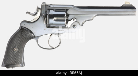 A cased Webley W.G. Army, circa 1899. In cal..455/.476, no. 14860. Matching numbers. Mirror bright bore. Ridged barrel. Barrel length 6 inches. Nickel-silver front sight. 6-shot. Merchant's address 'Westley Richards & Co. Ld. London W.' on the frame bridge, 'WG Army' on the left side of the frame, '455/476' on the barrel housing, and '476' on the cylinder. Complete, original, blue/black, high gloss bluing. Special model with polished hammer, trigger, and cylinder latch, and immaculate black hard rubber grips with the Gothic 'WG' logo. Lanyard ring. Absolutely s, Stock Photo