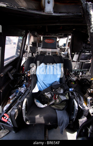 The interior cockpit of Sean Casey's 'Tornado Intercept Vehicle', an armoured truck designed to withstand the winds of a tornado Stock Photo