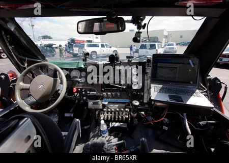 The interior cockpit of Sean Casey's 'Tornado Intercept Vehicle', an armoured truck designed to withstand the winds of a tornado Stock Photo