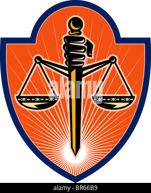 Hand holding sword scales of justice set inside a shield Stock Photo