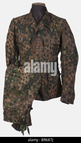 SCHUTZSTAFFEL, Ensemble camouflé de la Waffen-SS, modèle 44, dit 'Petits Pois', comprenant une veste à quatre poches sans insignes et un pantalon camouflé du même type avec marquages de taille, , Stock Photo