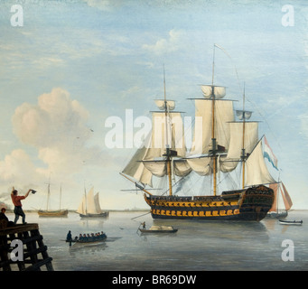 Netherlands Nicolaas Bauer 1767 Painting Linieschip War Ship Harlingen Stock Photo