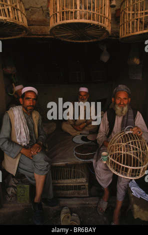 Men pose with cages of birds in a shop that sells birds in an ancient covered bazaar Kabul Afghanistan Stock Photo