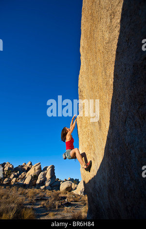 Young, female rock climber, grips the edge of a severe boulder problem in Joshua Tree National Park. Stock Photo