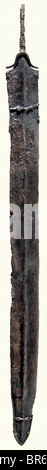 A Celtic long sword with scabbard, Middle La Tène Period, 3rd/2nd century B.C. Stuck tightly in the scabbard, a broad iron blade with typically curved iron quillons and a conical (slightly bent) tang. The iron scabbard is ridged on the obverse side and has a chape overlay. There is a riveted suspension ring on the reverse side of the locket. Uncleaned, conserved excavation discovery. The scabbard is ruptured somewhat on one side. Defects on the chape and locket. Length 89 cm. historic, historical, ancient world, ancient world, ancient times, object, objects, st, Stock Photo