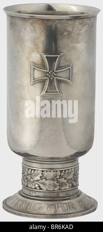 Knight's Cross winner Hauptmann Alois Magg - a Goblet of Honour for Outstanding Achievement in the Air War., Silver, the inscription ring engraved 'Leutnant Alois Magg am 20.6.41'. Marked on the bottom 'Joh. Wagner & Sohn', mark of fineness '835' with crescent and crown. Height 20.6 cm, Weight 442 g (Nie 7.08.02.1). In fine condition. historic, historical, 1930s, 20th century, Air Force, branch of service, branches of service, armed service, armed services, military, militaria, air forces, object, objects, stills, clipping, clippings, cut out, cut-out, cut-outs, Stock Photo