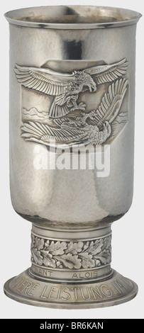 Knight's Cross winner Hauptmann Alois Magg - a Goblet of Honour for Outstanding Achievement in the Air War., Silver, the inscription ring engraved 'Leutnant Alois Magg am 20.6.41'. Marked on the bottom 'Joh. Wagner & Sohn', mark of fineness '835' with crescent and crown. Height 20.6 cm, Weight 442 g (Nie 7.08.02.1). In fine condition. historic, historical, 1930s, 20th century, Air Force, branch of service, branches of service, armed service, armed services, military, militaria, air forces, object, objects, stills, clipping, clippings, cut out, cut-out, cut-outs, Stock Photo