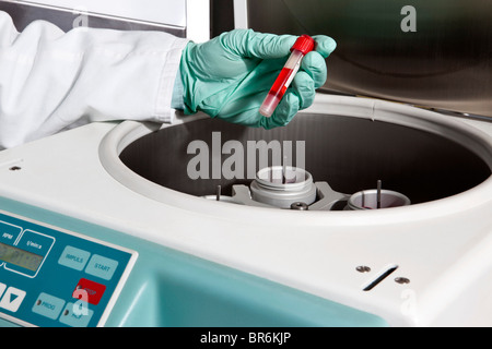 A lab technician putting a vial of blood into a centrifuge, close-up of hands Stock Photo