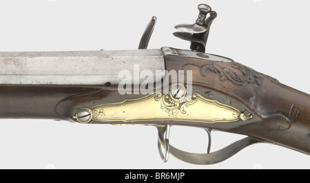 A German flintlock rifle, I. Ebert, circa 1760. Heavy, two-stage barrel, octagonal changing to round after a baluster with smooth bore in 19 mm calibre. Inset brass front sight and iron rear sight. Slightly cut flintlock with signature 'I. EBERT' underneath the frizzen spring, the trigger does not engage properly. Walnut full stock carved with floral designs and with horn nose, the brass furniture engraved with rocaille decoration. Wooden ramrod with horn tip. Length 157 cm. historic, historical, 18th century, civil long guns, gun, weapons, arms, weapon, arm, f, Stock Photo